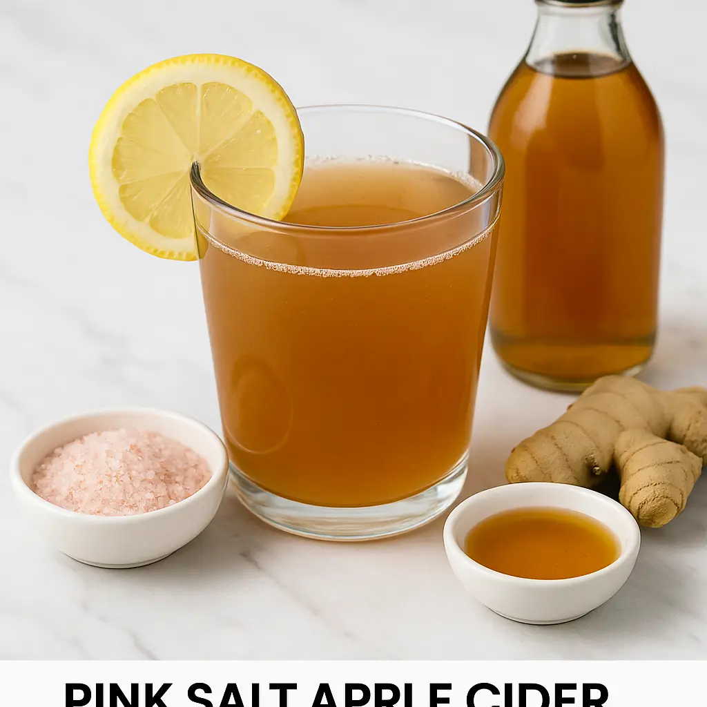 A glass of detox drink made with Himalayan pink salt, apple cider vinegar, lemon, honey, and ginger on a marble countertop.