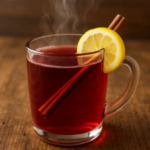 hibiscus tea recipe hot in glass mug with lemon and cinnamon
