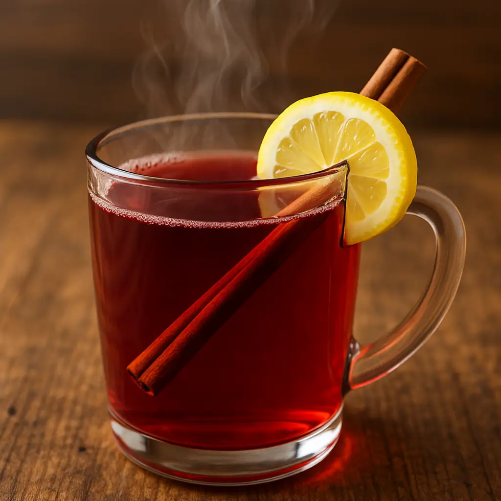 hibiscus tea recipe hot in glass mug with lemon and cinnamon