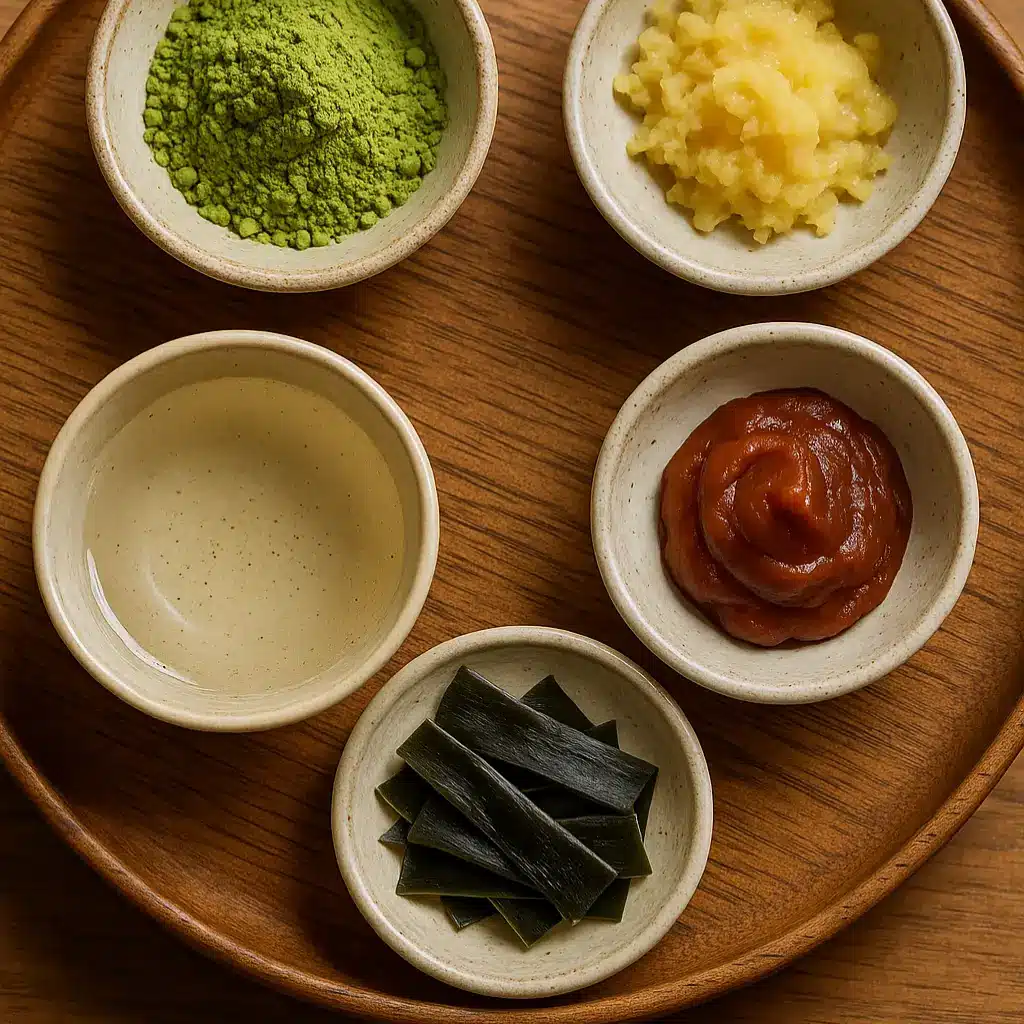 Ingredients for recipe for Japanese Mounjaro including kombu, matcha, and umeboshi
