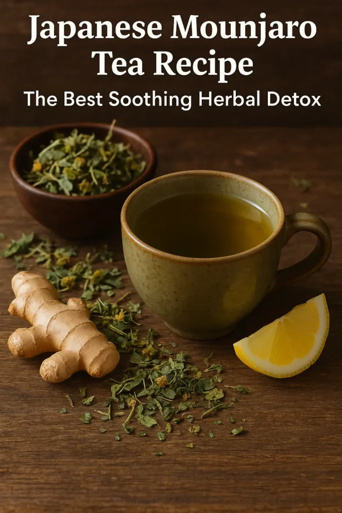 Ceramic cup of Japanese Mounjaro tea with ginger root, lemon wedge, and loose herbal leaves on a rustic wooden table – the best soothing herbal detox.