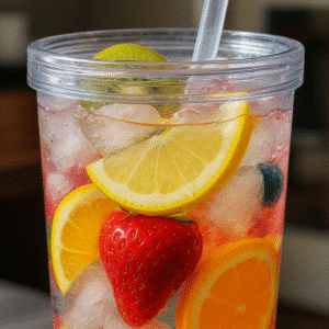 Cold tumbler of WaterTok Flavored Water with ice and fruit