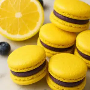 Lemon blueberry macarons with vibrant filling