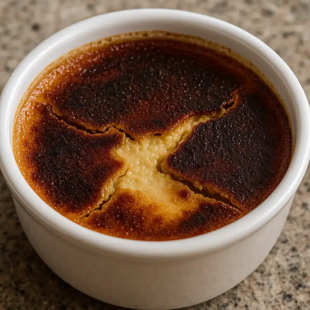 Overcooked curdled crème brûlée showing separation