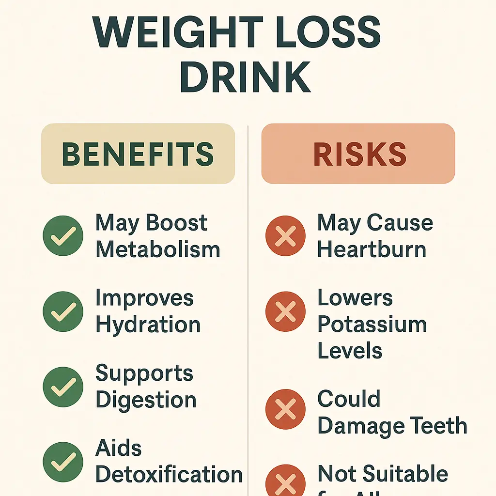 Side-by-side comparison infographic showing benefits and risks of drinking pink salt and apple cider vinegar mix.