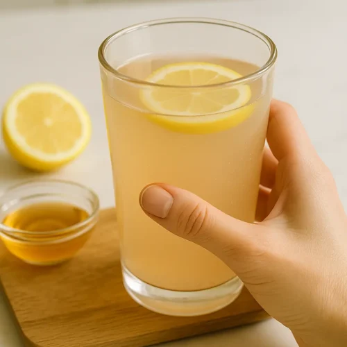 Glass of Japanese pink salt trick for weight loss with lemon and honey