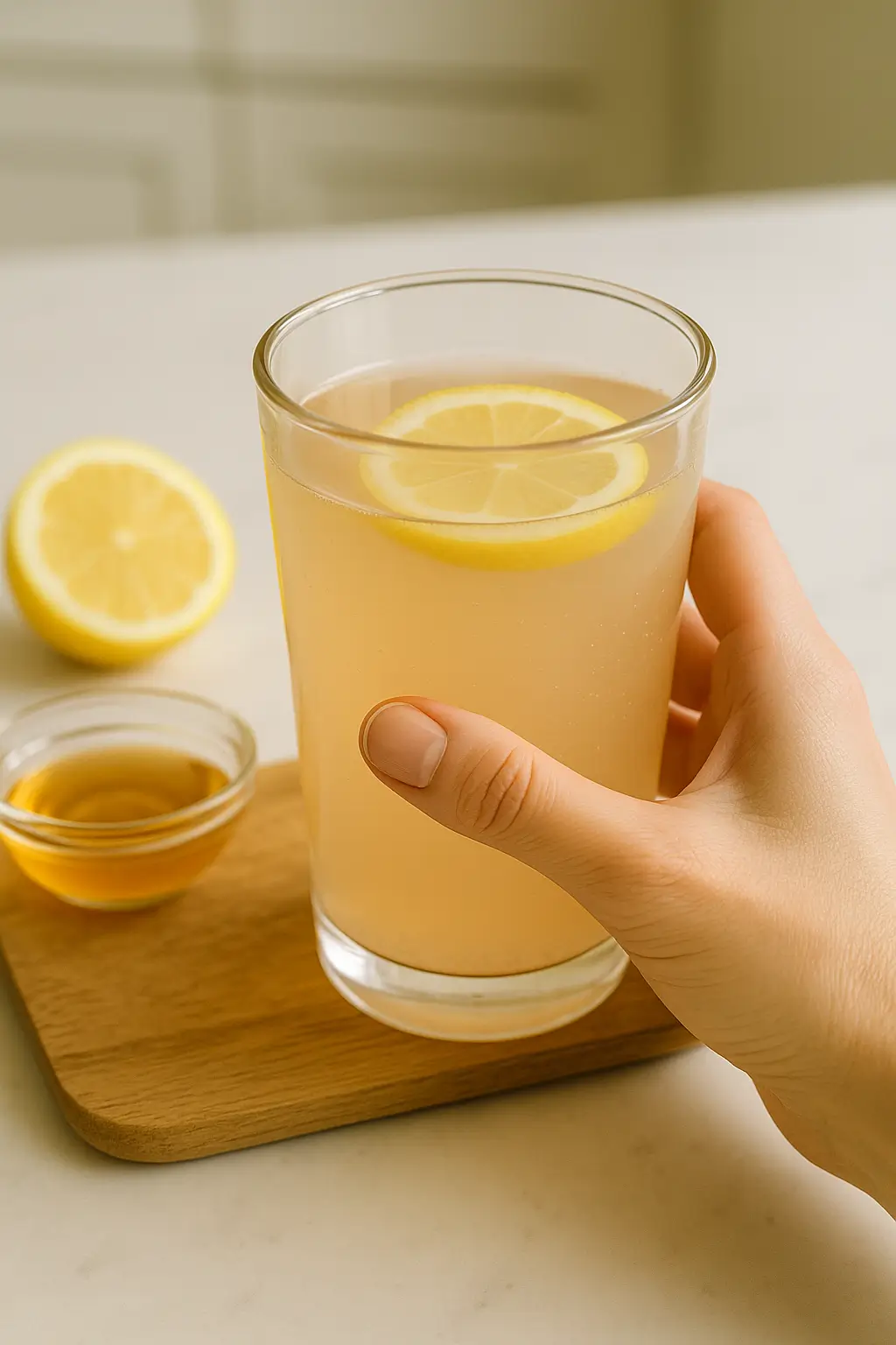 Glass of Japanese pink salt trick for weight loss with lemon and honey