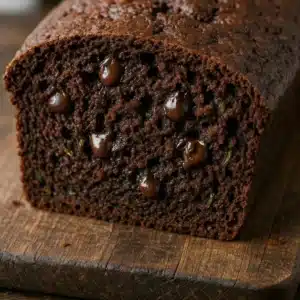 Sliced chocolate zucchini bread loaf showing fudgy inside