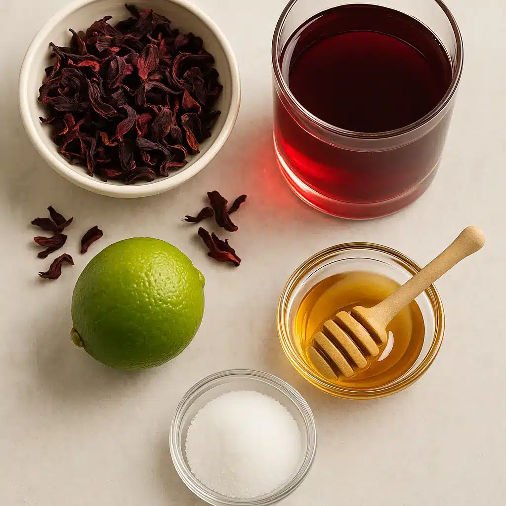 Ingredients for homemade pomegranate hibiscus tea Panera recipe