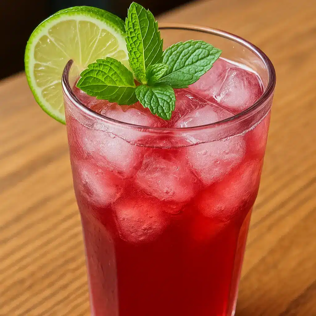 Glass of homemade pomegranate hibiscus tea Panera recipe served with lime and mint