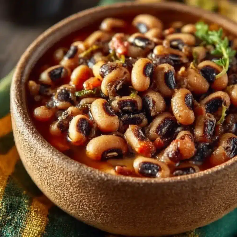 Bowl of African Stewed Black-eyed Peas garnished with herbs.