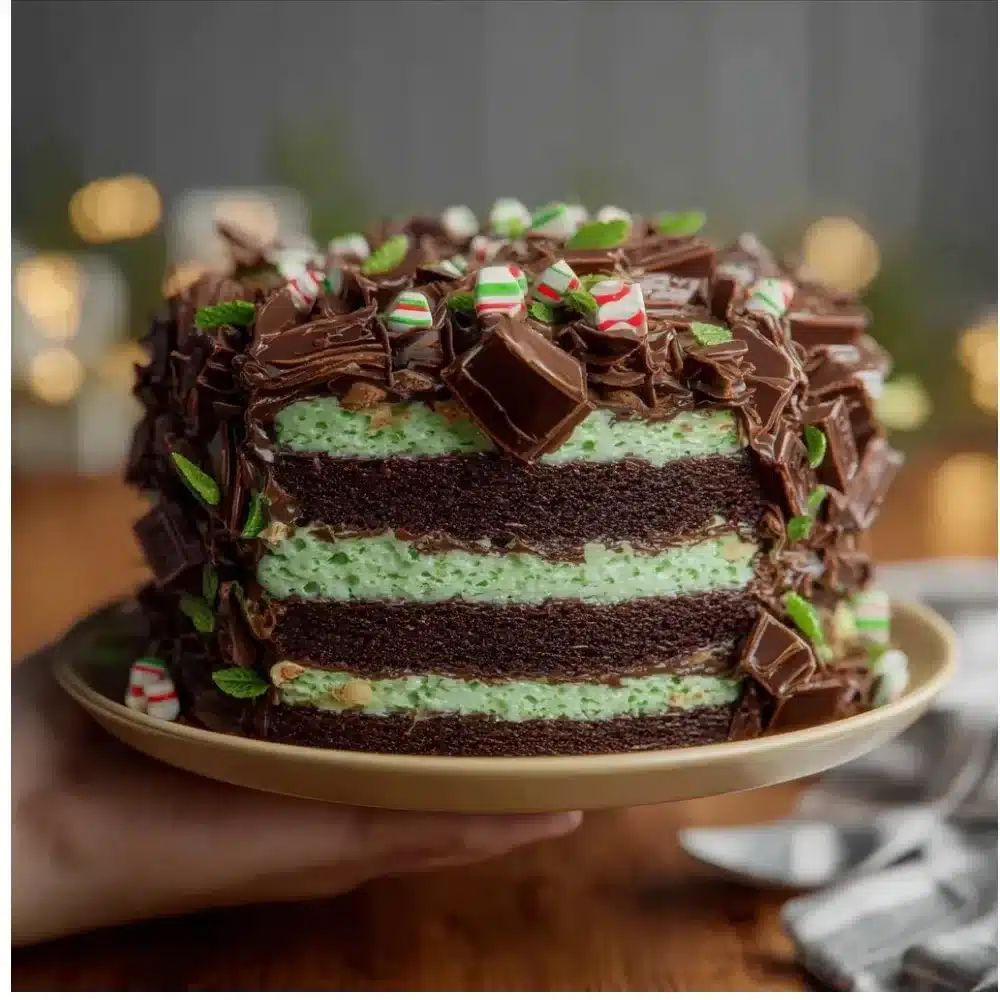 Slice of decadent Andes Chocolate Mint Cake with chocolate and mint frosting