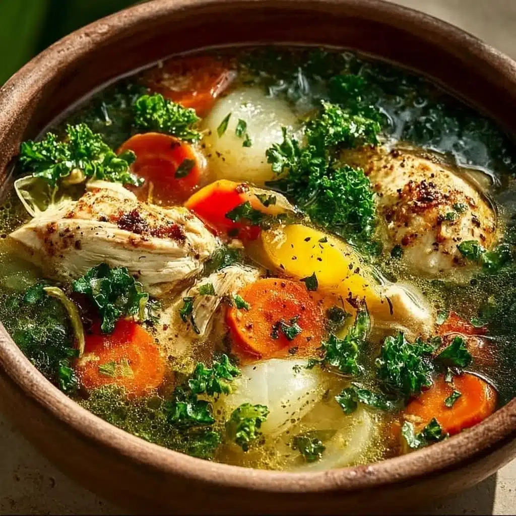 Healthy anti-inflammatory chicken soup in a bowl with fresh herbs and vegetables