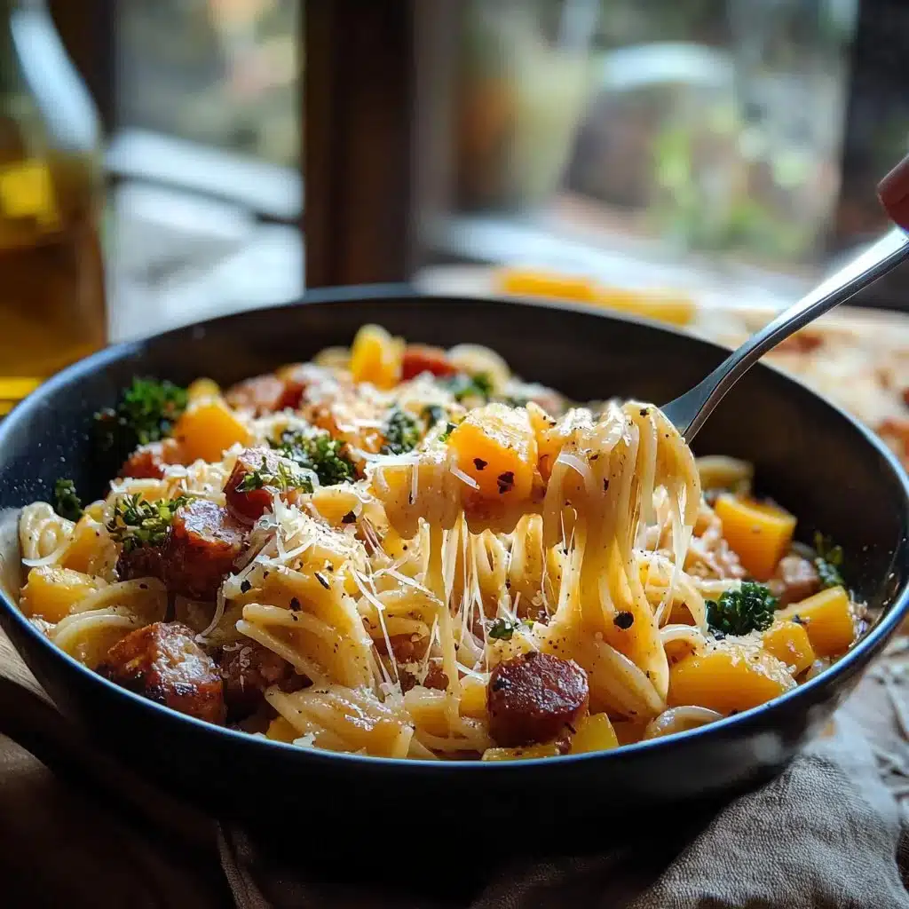 Delicious autumn sausage pasta with roasted squash and herbs