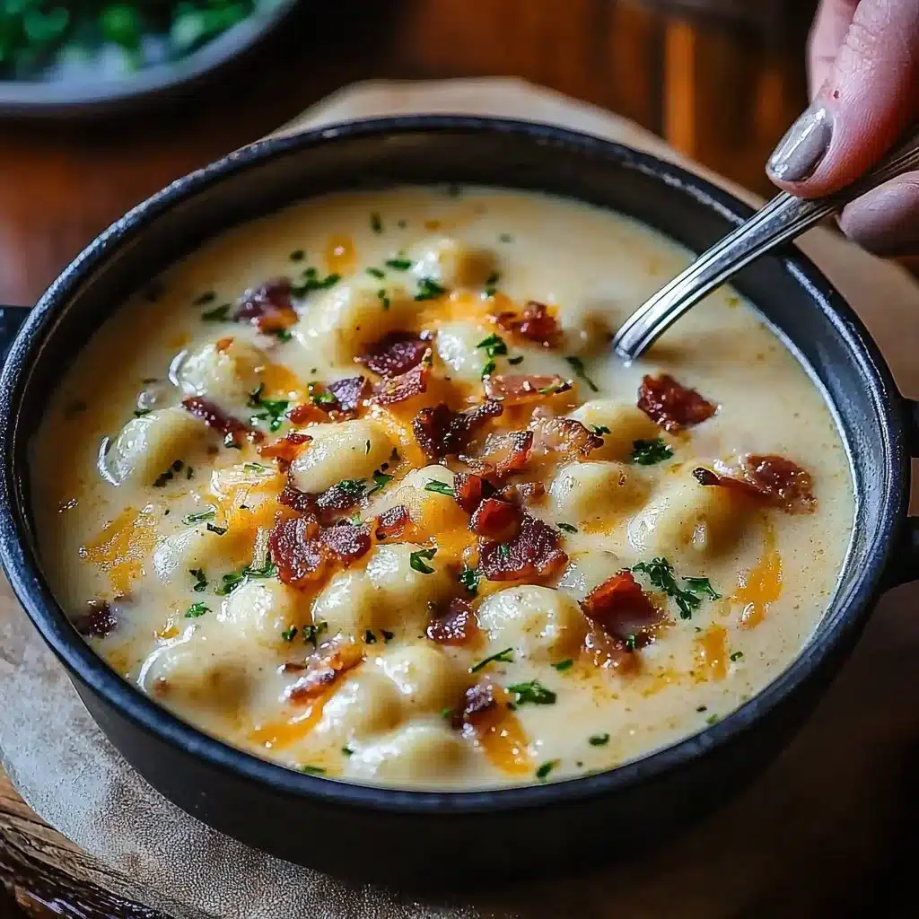 Bowl of creamy bacon cheddar gnocchi soup topped with crispy bacon and herbs