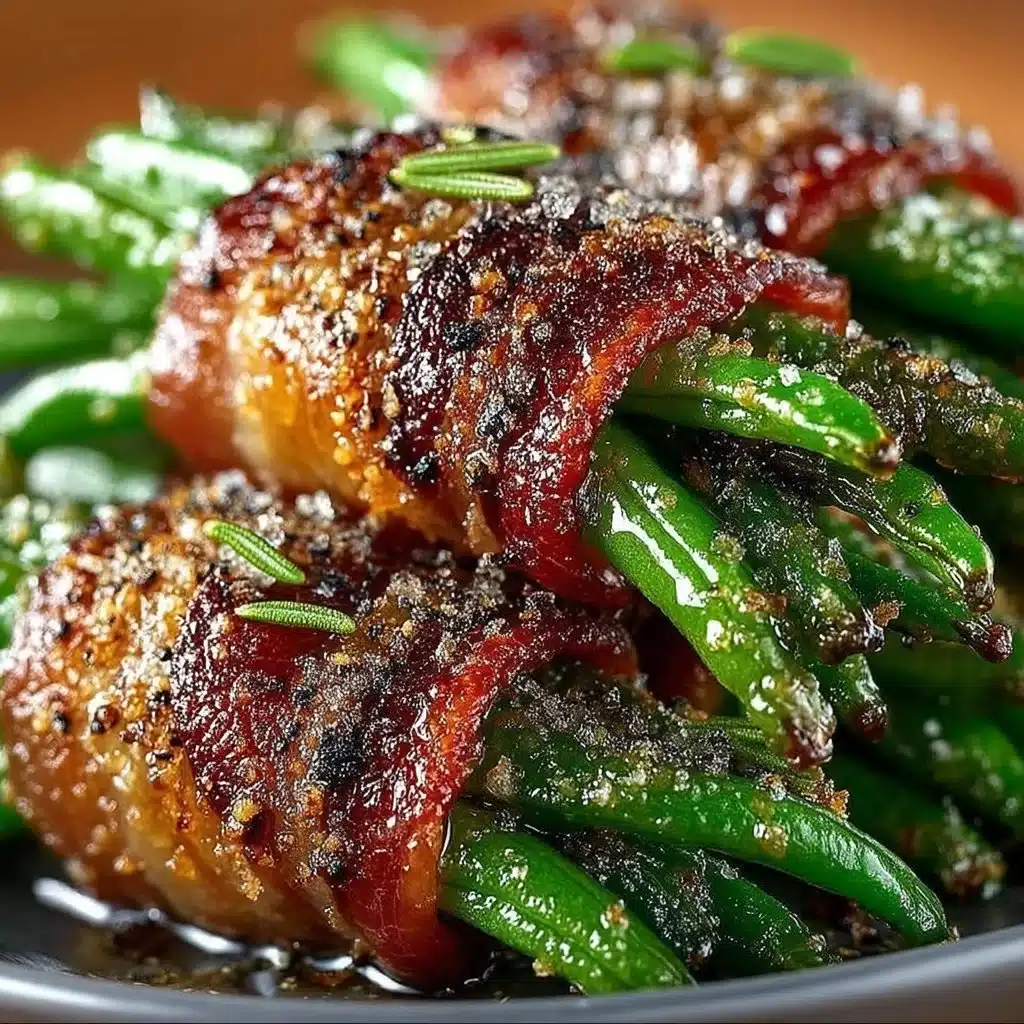 Delicious bacon-wrapped green bean bundles served on a platter.
