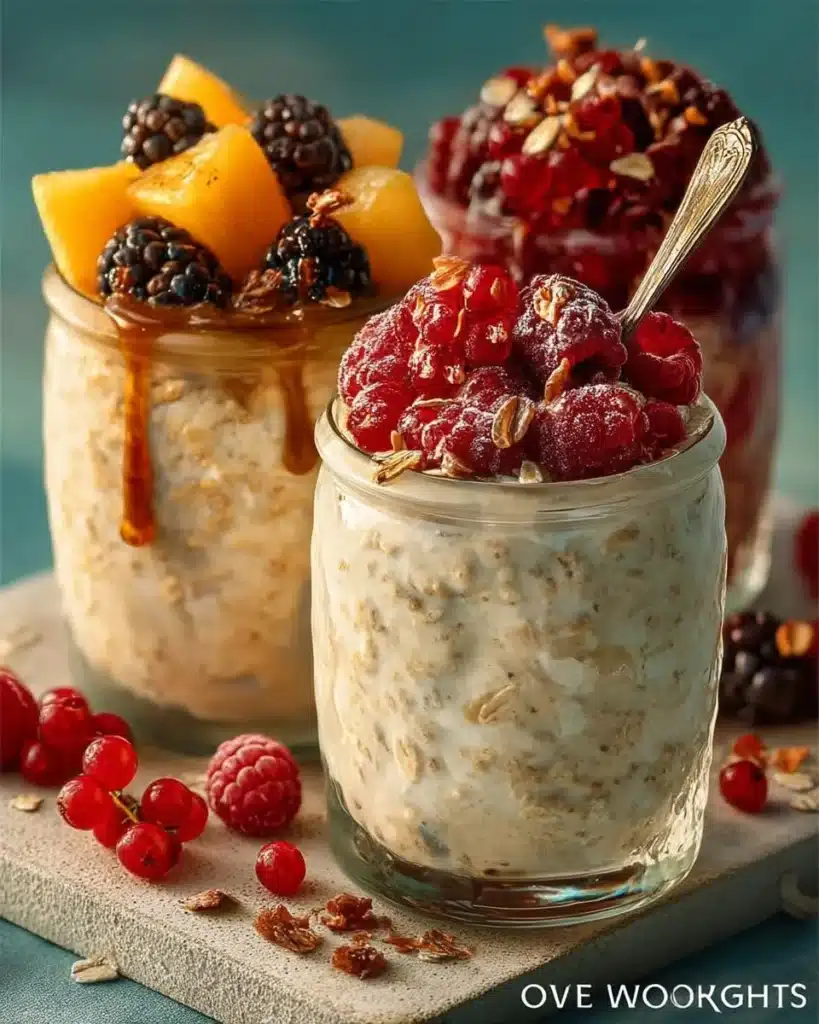 A bowl of basic overnight oats topped with fruits and nuts for a healthy breakfast.