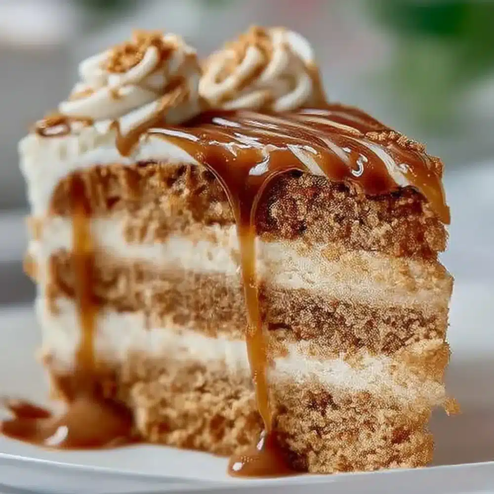 Delicious Biscoff Cake topped with cookie crumbs and caramel drizzle