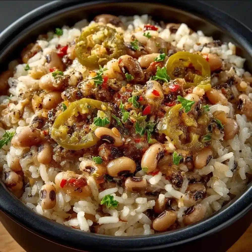 Bowl of black eyed peas and rice served with herbs and spices