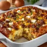 Delicious and hearty breakfast casserole served in a baking dish.