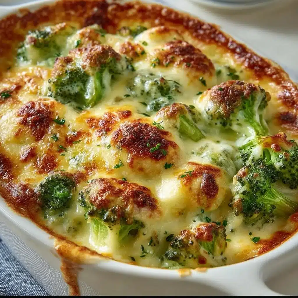 Cheesy broccoli cheese bake in a casserole dish, topped with breadcrumbs.