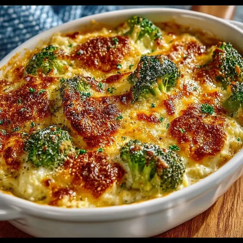 Baked Broccoli Cheese Rice Casserole in a dish, topped with melted cheese