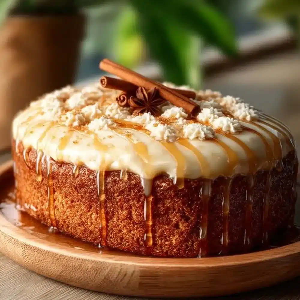 Brown Sugar Chai Cake topped with spices and a drizzle of icing