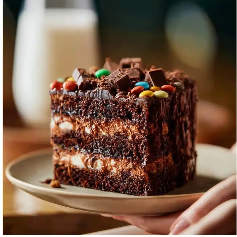 Delicious homemade brownie cake topped with chocolate frosting