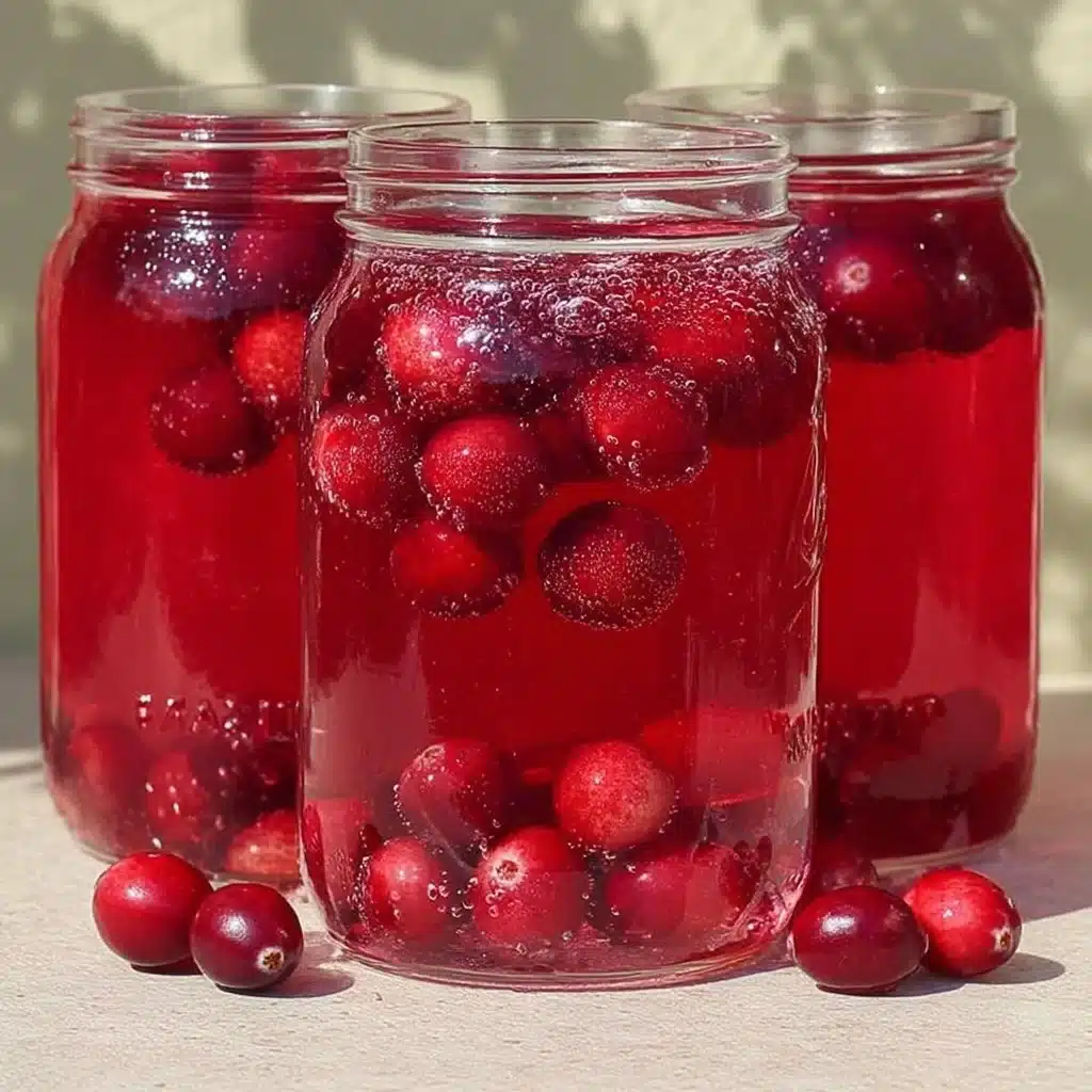 Homemade cranberry juice made from whole cranberries in jars.