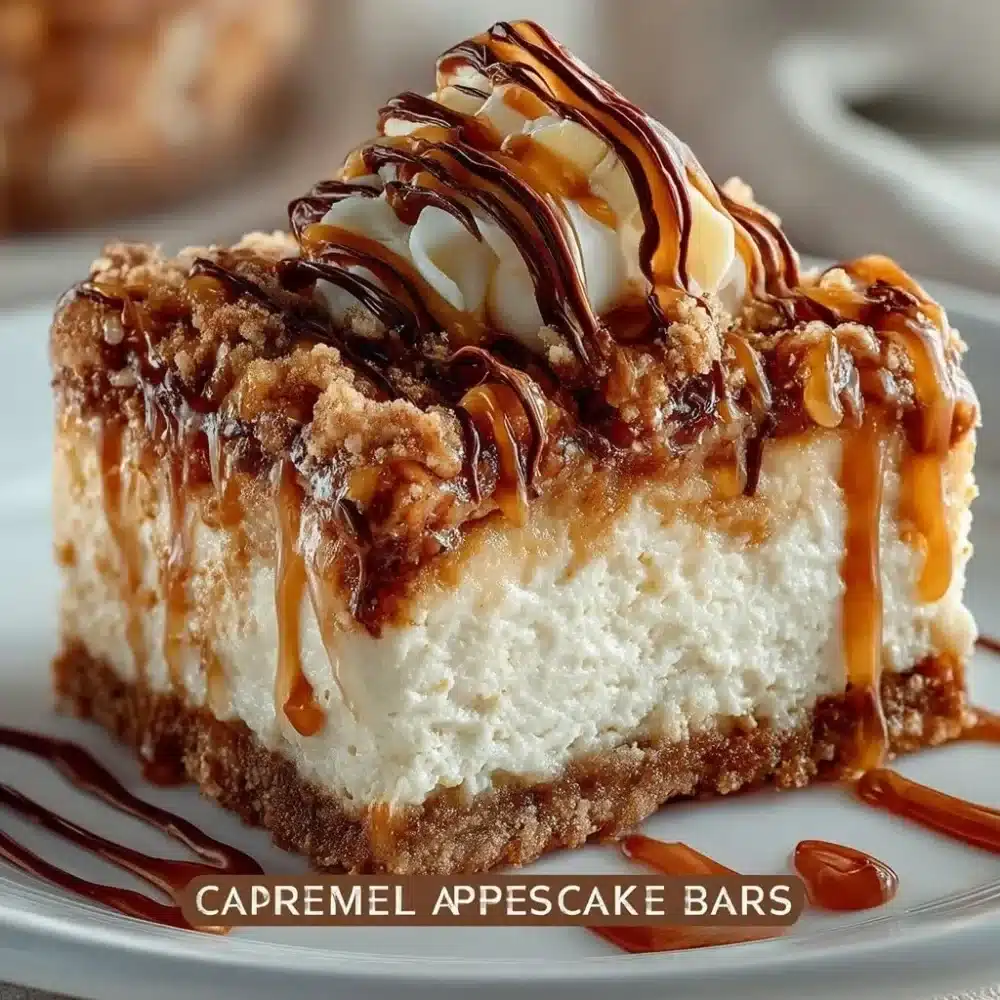 Caramel Apple Cheesecake Bars with a caramel drizzle and apple slices