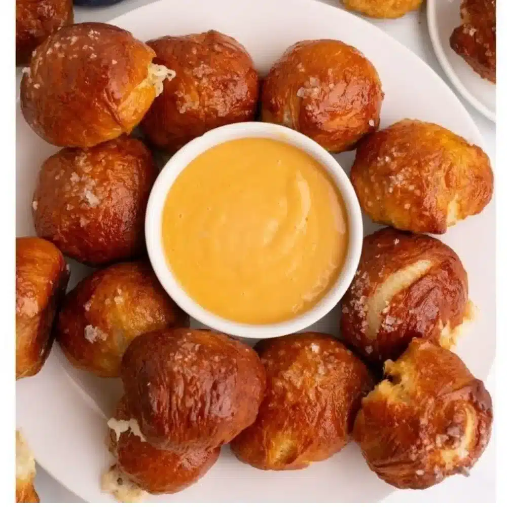 Cheese filled pretzel bites on a plate, perfect for snacking or parties.