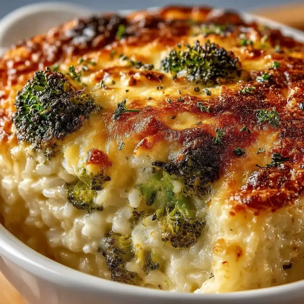 Cheesy broccoli rice casserole served in a baking dish with melting cheese on top.