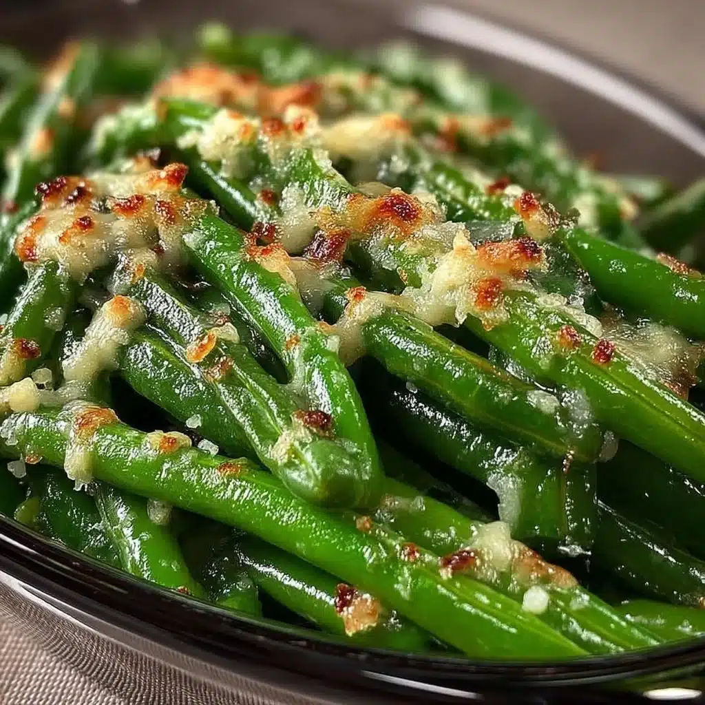 Delicious cheesy garlic green beans topped with melted cheese and garlic.