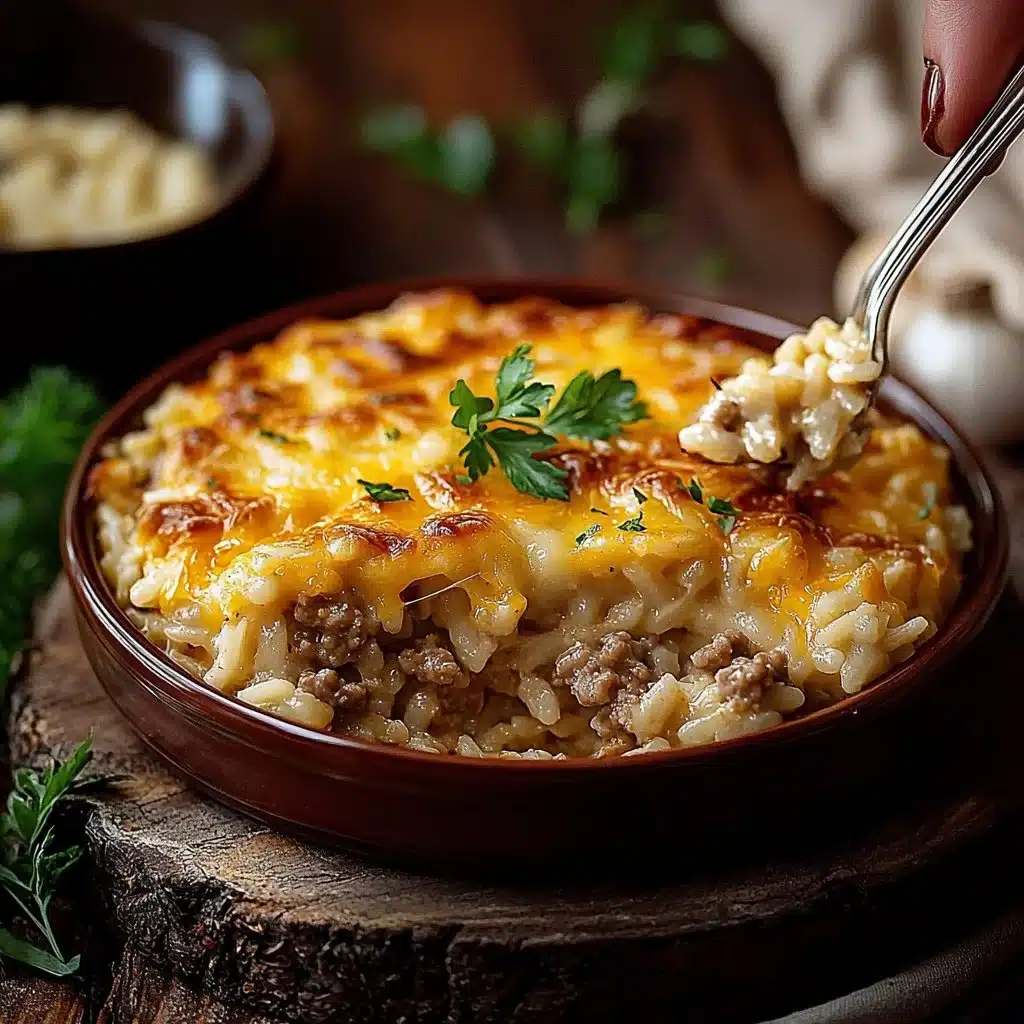 Cheesy hamburger rice casserole topped with melted cheese and herbs
