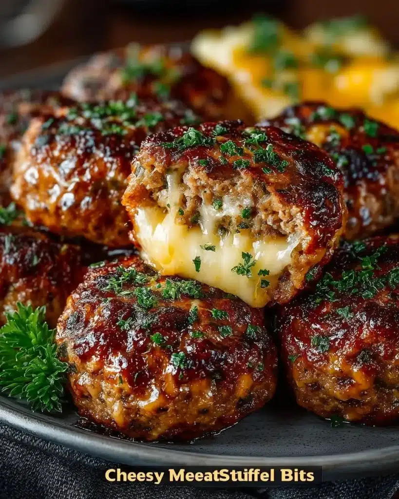Cheesy stuffed meatloaf bites served on a plate
