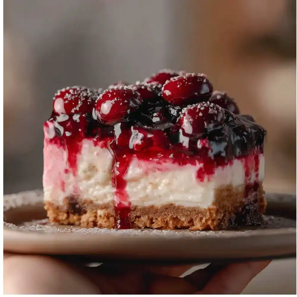 Delicious homemade cherry cheesecake topped with fresh cherries and a rich cream layer.