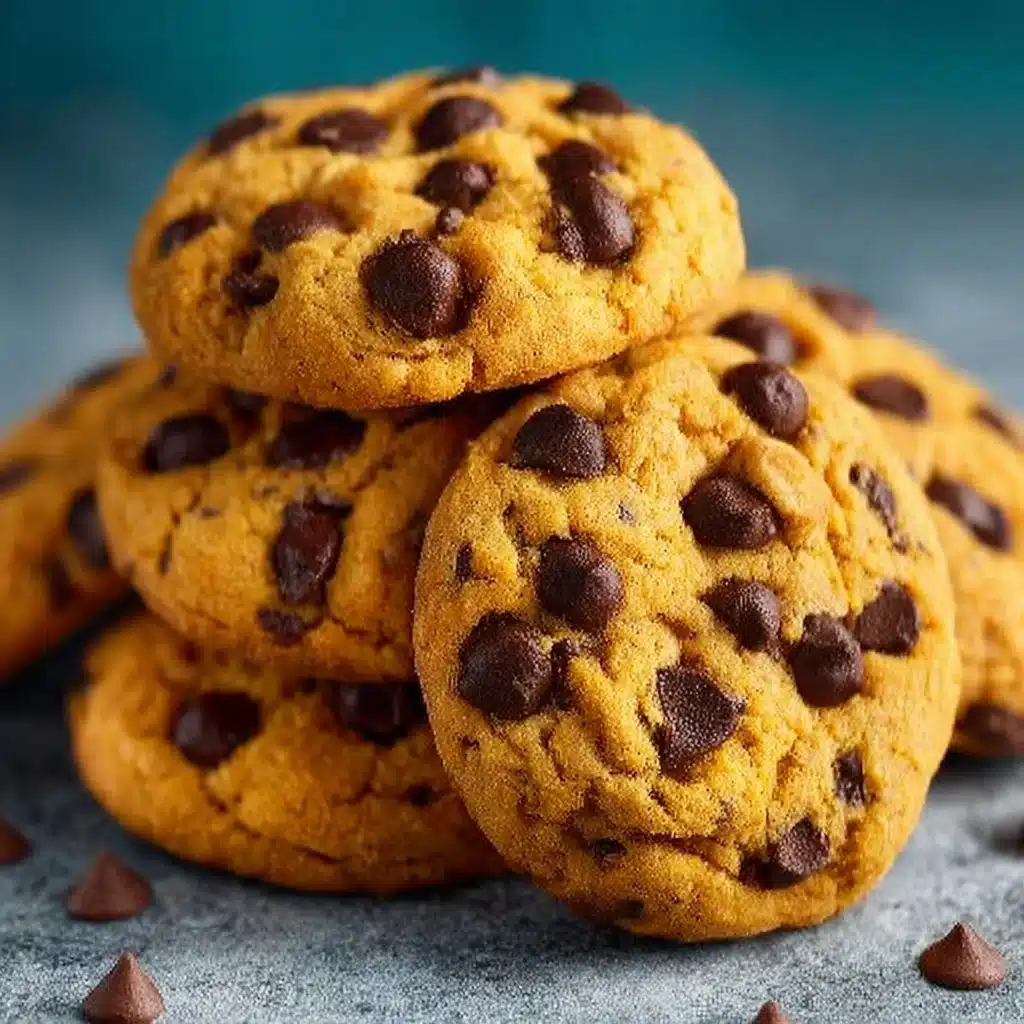 Deliciously chewy pumpkin chocolate chip cookies on a rustic wooden table