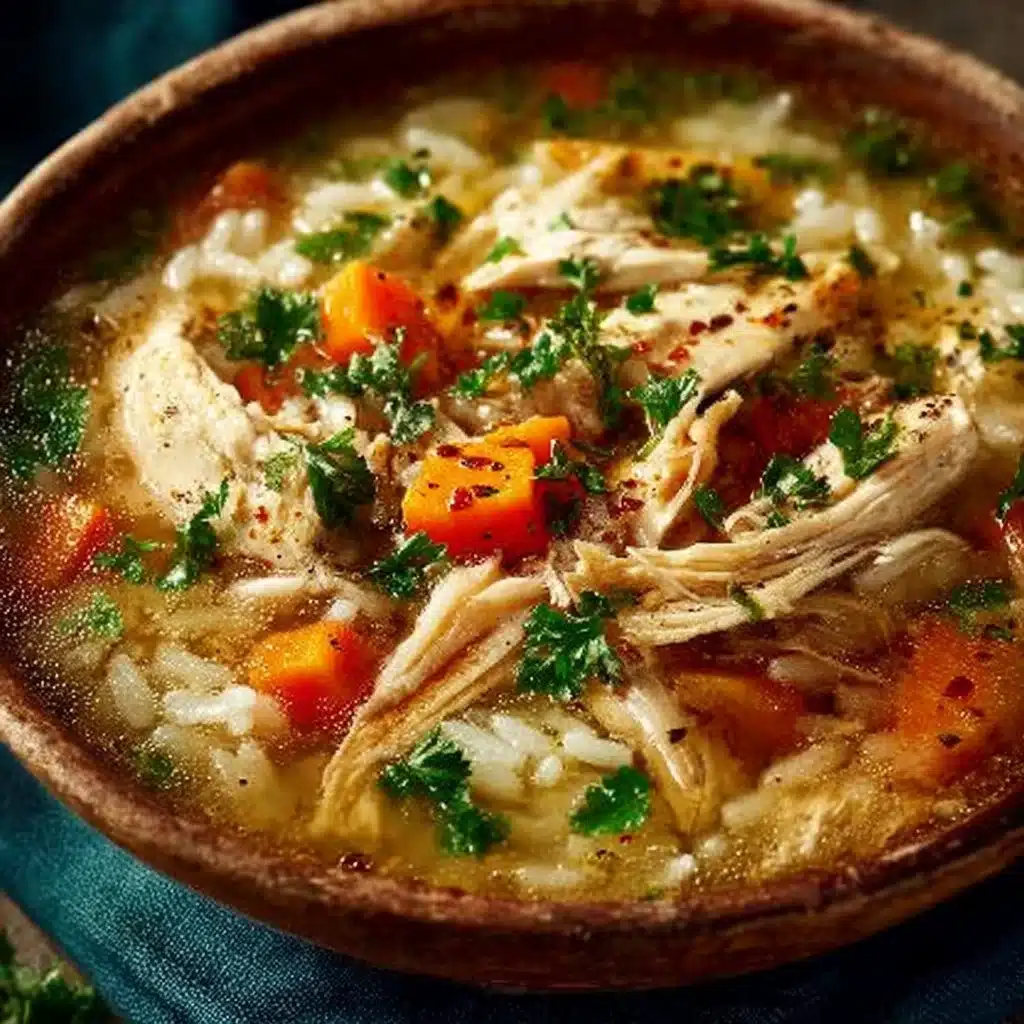 Bowl of Chicken Rice Soup garnished with herbs and vegetables