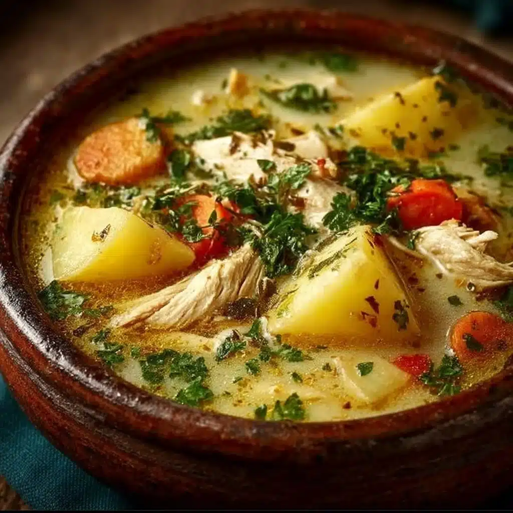 A bowl of creamy Chicken Potato Soup topped with parsley and fresh vegetables