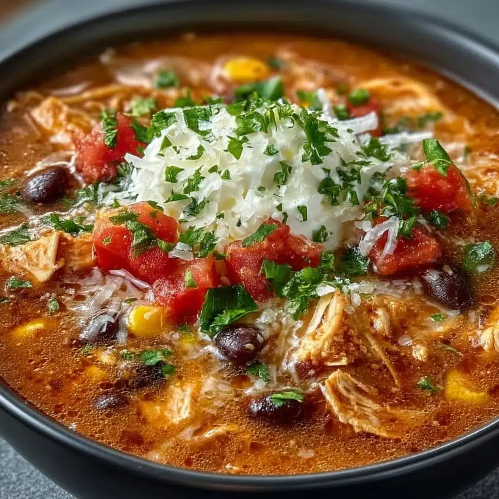 Bowl of delicious Chicken Taco Soup topped with avocado and cheese