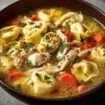 Bowl of Chicken Tortellini Soup garnished with herbs