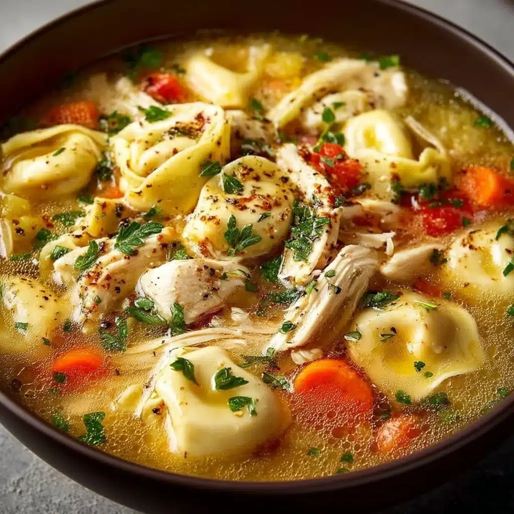Bowl of Chicken Tortellini Soup garnished with herbs