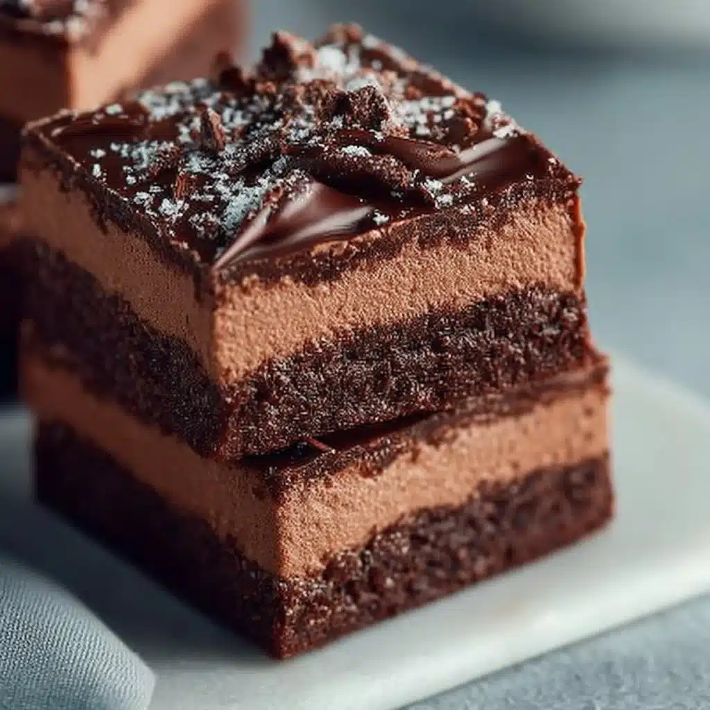 Delicious chocolate mousse brownies topped with creamy chocolate mousse.