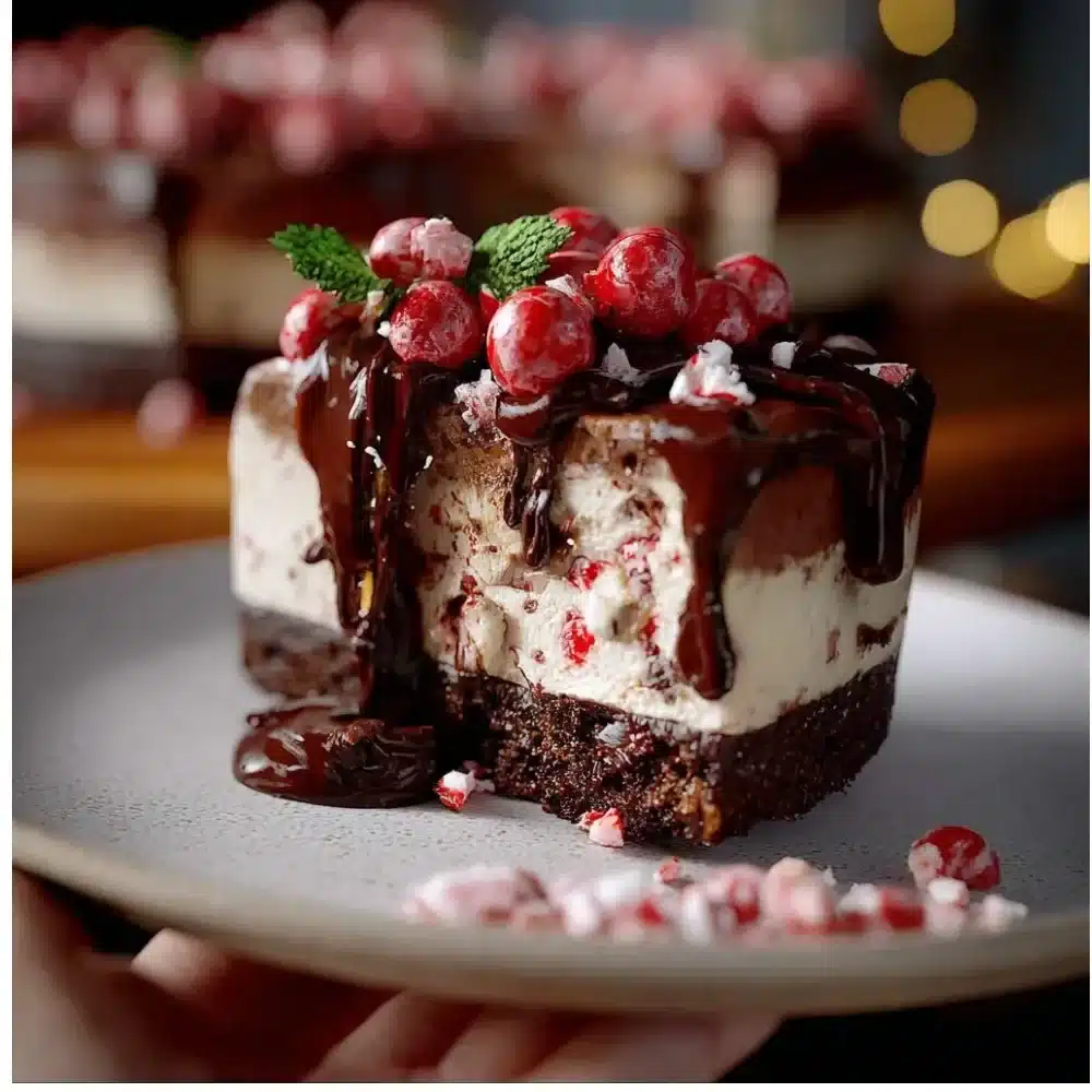 Delicious Chocolate Peppermint Cheesecake topped with mint and chocolate shavings