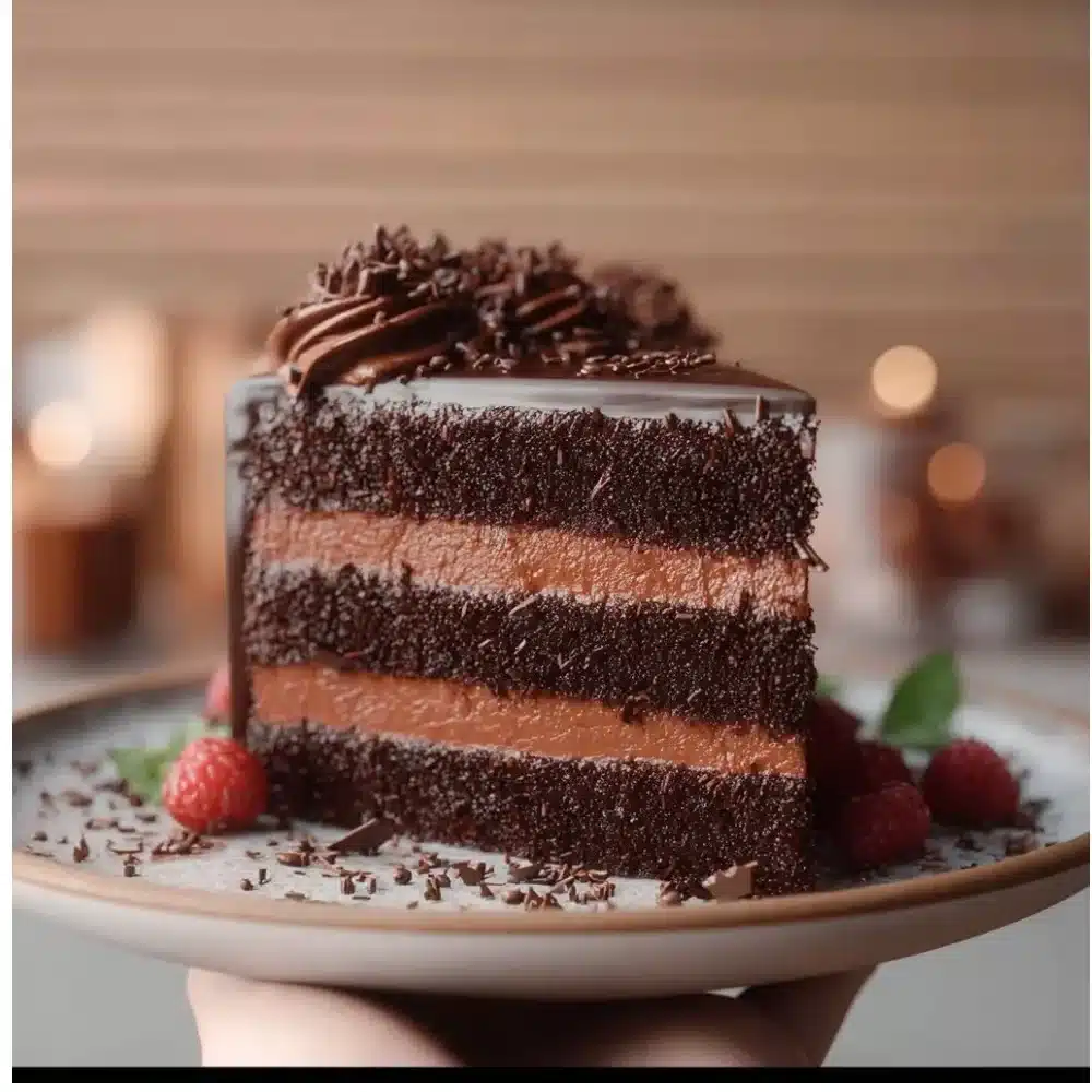 Delicious chocolate truffle cake with rich frosting and decorative chocolate shavings.