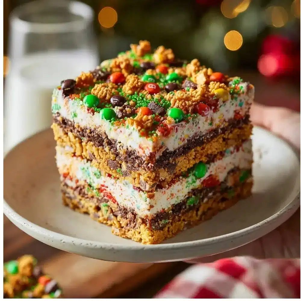 Christmas Crunch Cake with festive decorations and crunchy topping.