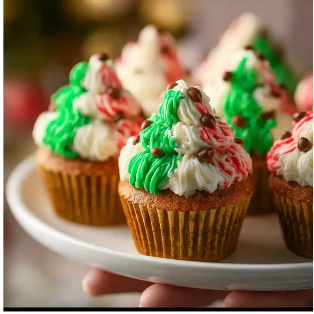 Festively decorated Christmas cupcakes with holiday-themed toppings and designs.