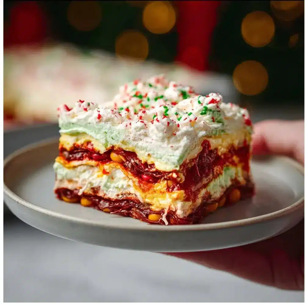 Deliciously layered Christmas Lasagna with festive toppings ready for the holiday season.