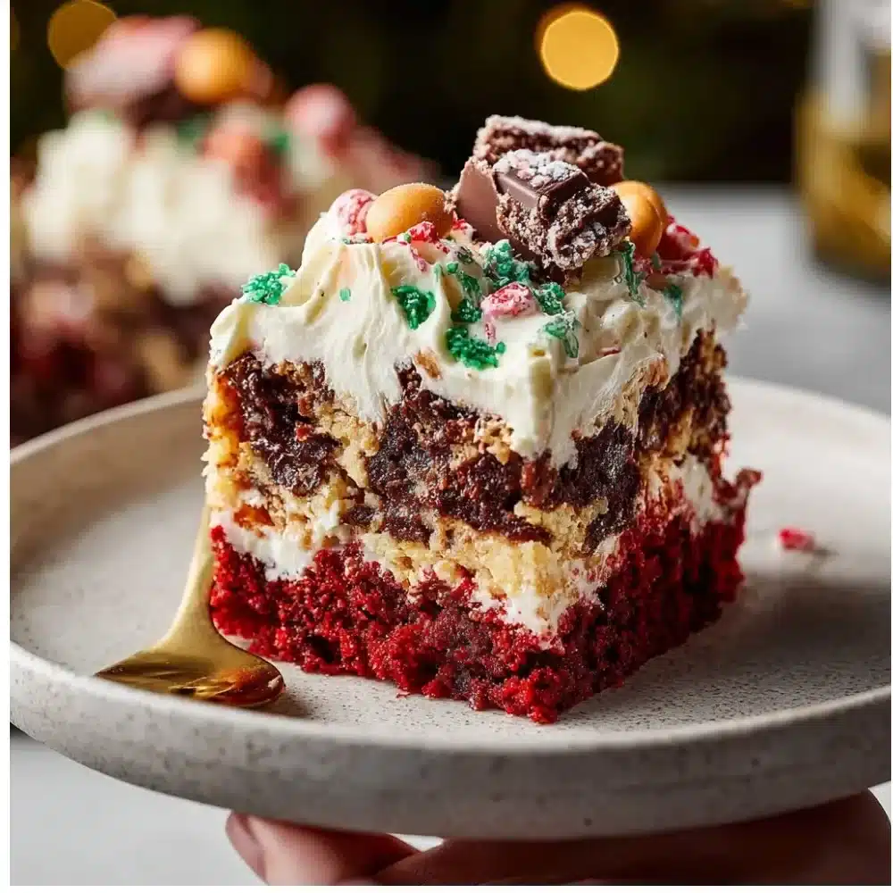Delicious Christmas Poke Cake with layers of festive flavors and decorations