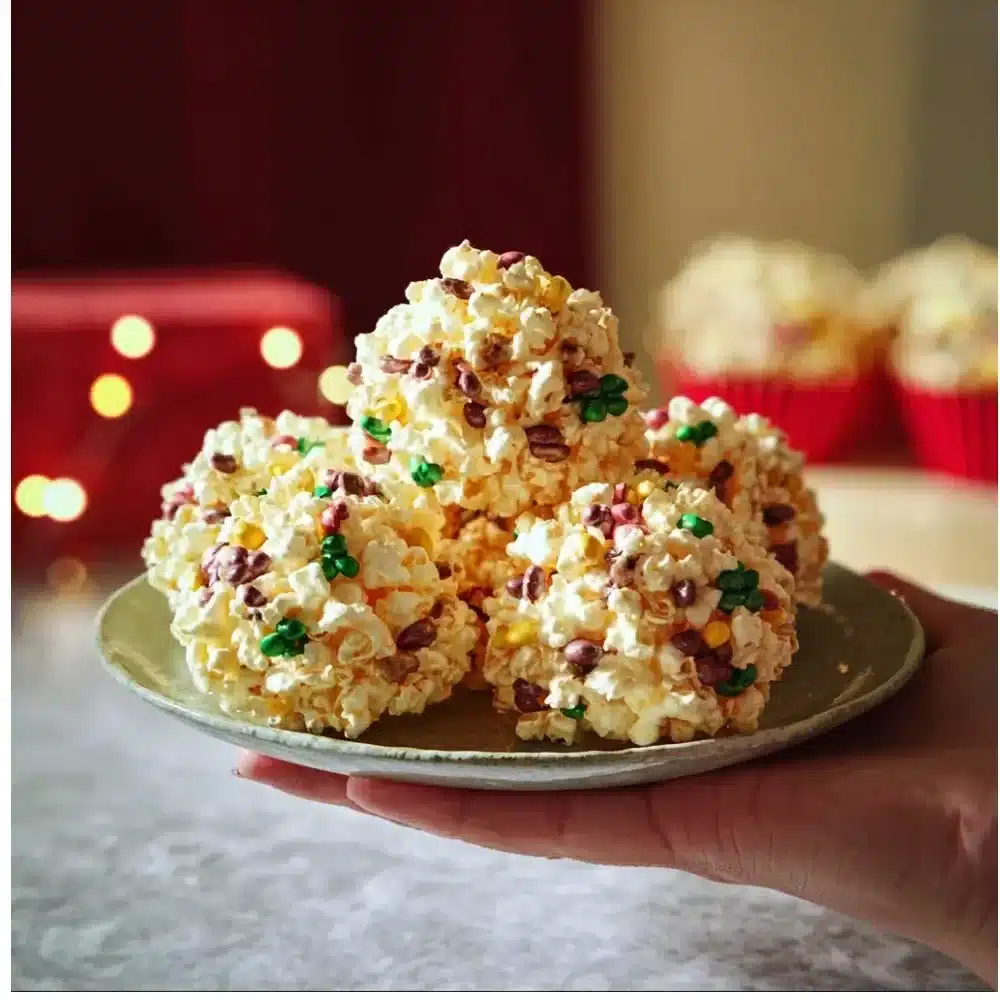 Festive Christmas popcorn balls decorated for the holiday season